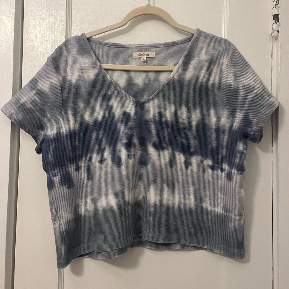 Madewell Ottoman Jacquard V-Neck Setlist Boxy Top in Tie-Dye Blue-Green